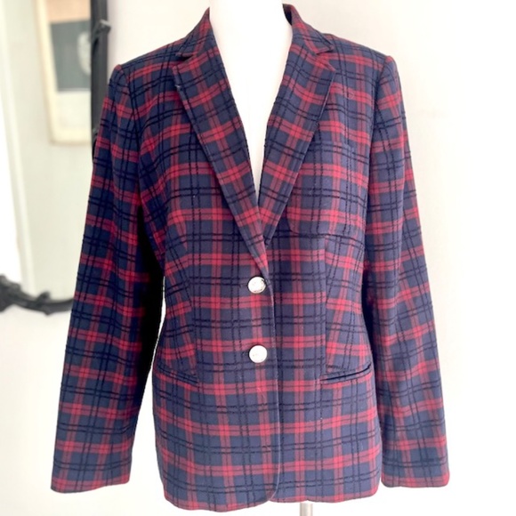 TOMMY HILFIGER Navy< Red & Black Plaid Button-Front Blazer - Picture 1 of 7